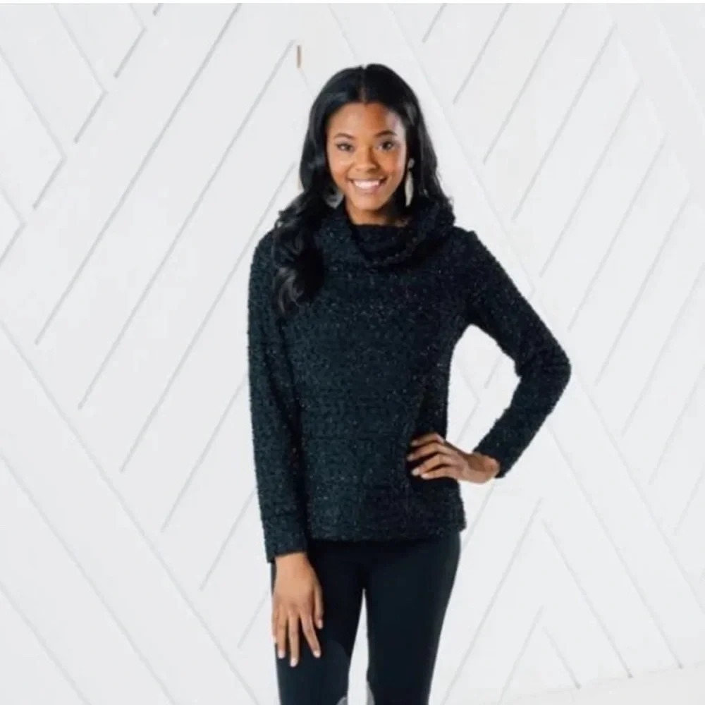 NWT STS Sail to Sable XS Black Metallic Textured Cowl Neck Sweater Holiday Work